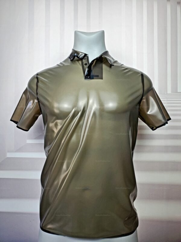 See-through latex polo shirt with short sleeves in a sleek, glossy finish.