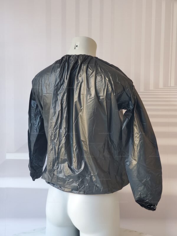 Sleek black PVC fetish suit with long sleeves and a shiny finish.