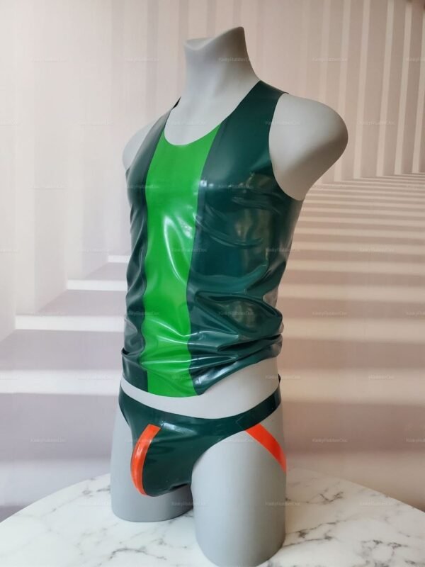 Sleek rubber tank top with contrasting green and black panels and vibrant orange accents.