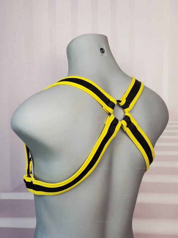 Black and yellow fetish harness with sleek design and adjustable straps.