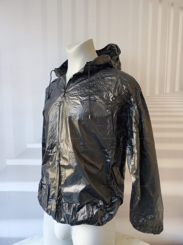 Black shiny sweat suit with a zipper front and hood.