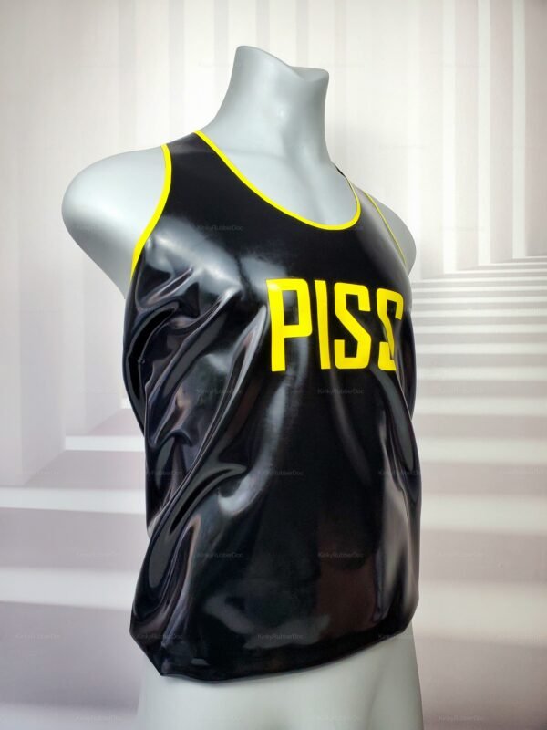 Black latex tank top with bold yellow trim and lettering.