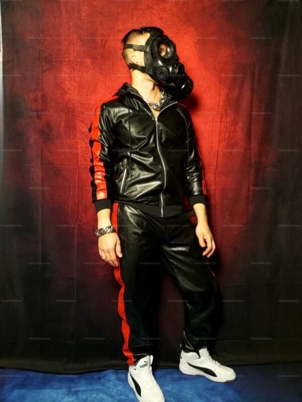 Black and red faux leather tracksuit with bold stripes, paired with a striking gas mask.