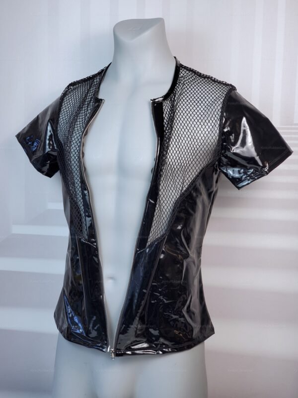 Black PVC mesh shirt with zip front and short sleeves.