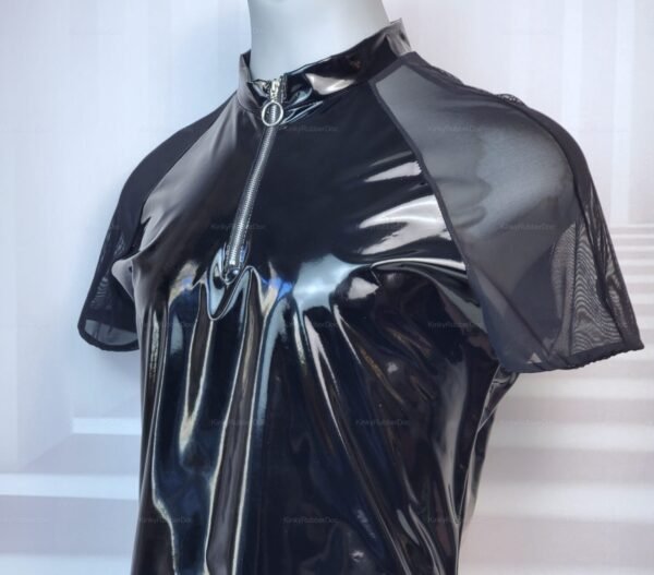 Shiny black PVC and Mesh Wetlook T-Shirt with a front zipper and sleek design.