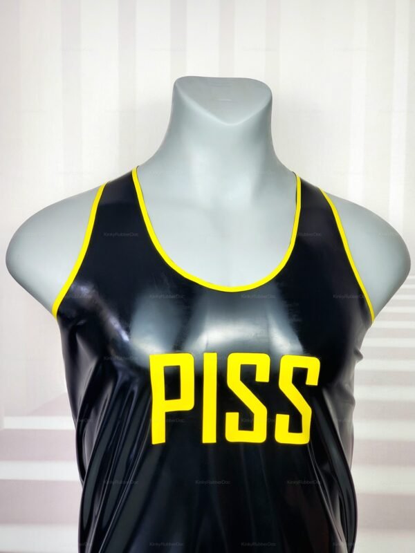Black latex shirt with bold yellow lettering and trim.