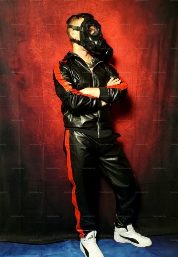 Black PVC-look tracksuit set with red stripes and gas mask for a bold fetish style.
