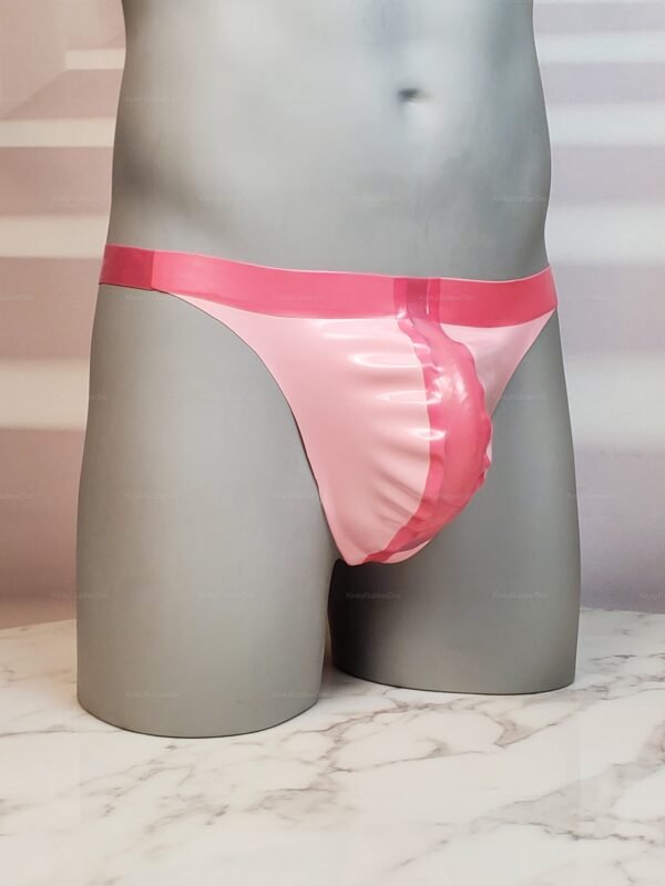 Hot pink Men's Latex Thong with glossy finish and wide waistband.