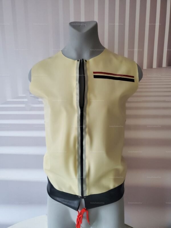 Sleeveless latex top with transparent design and zipper detail, featuring a black and red stripe accent.