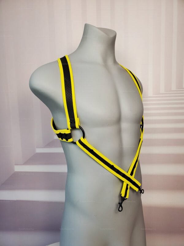 Black and yellow Neoprene Suspender Harness design, front view on mannequin.