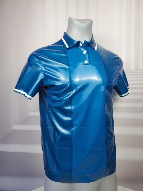Glossy blue latex shirt with white trim, ideal for fetish fashion enthusiasts.