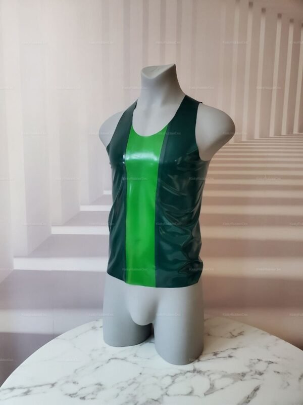 Glossy latex muscle shirt with contrasting green front and back panel.