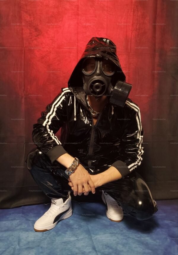 Model wearing black shiny Wetlook PVC Tracksuit with white double side stripes and zipped jacket