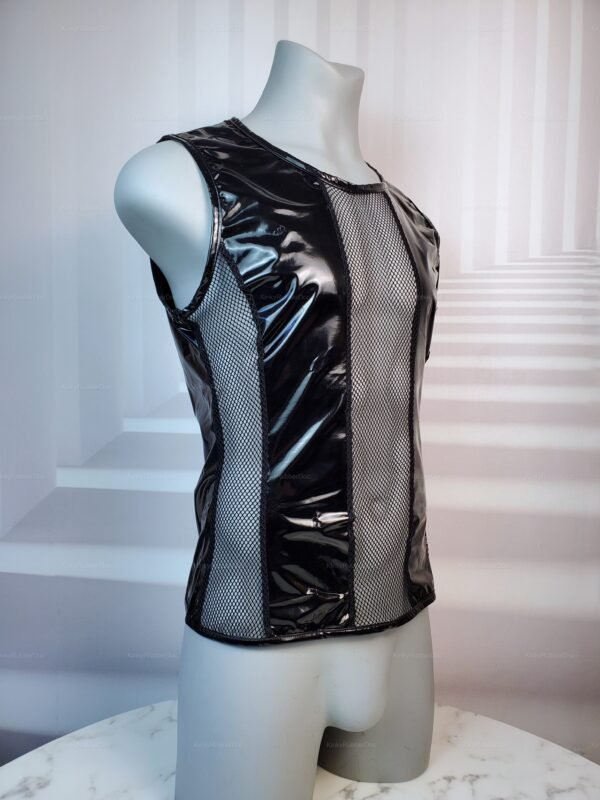 Glossy black PVC muscle shirt with mesh panels.