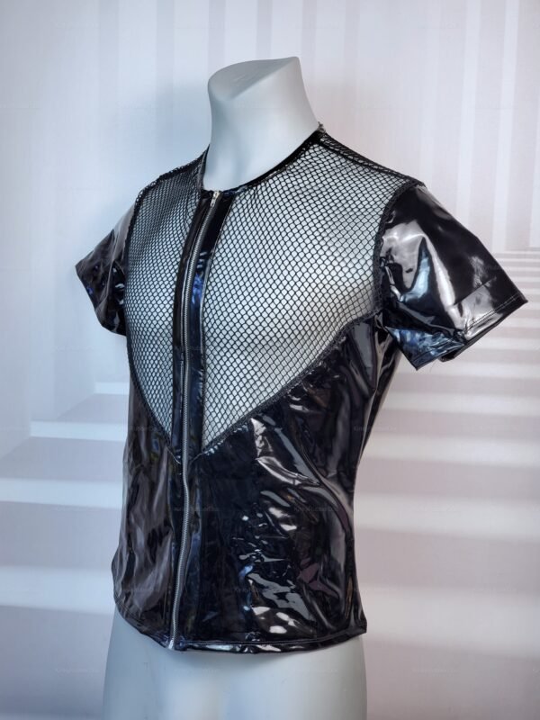 Glossy PVC shirt with a mesh front panel for a bold, edgy look.