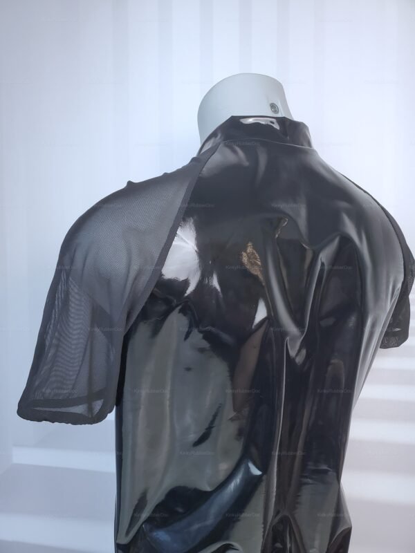 Glossy black PVC short-sleeve shirt featuring mesh details.