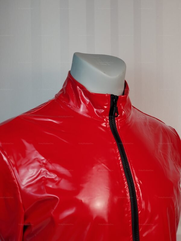 Shiny red latex jacket with a high collar and black zipper.