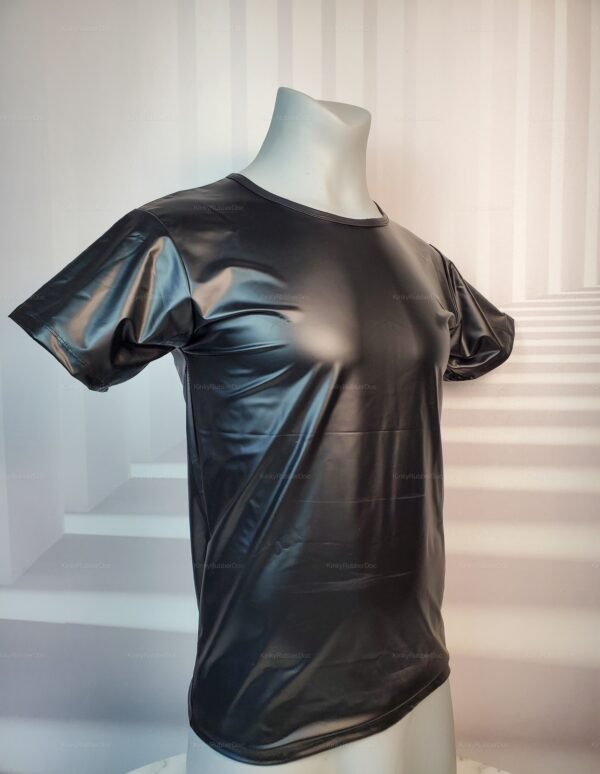 Glossy vegan leather tee in sleek black with a smooth, shiny finish.