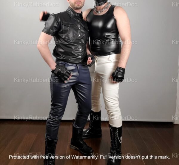 Sleek PU leather pants in white and blue, paired with matching tops and accessories, designed for a bold and edgy look.