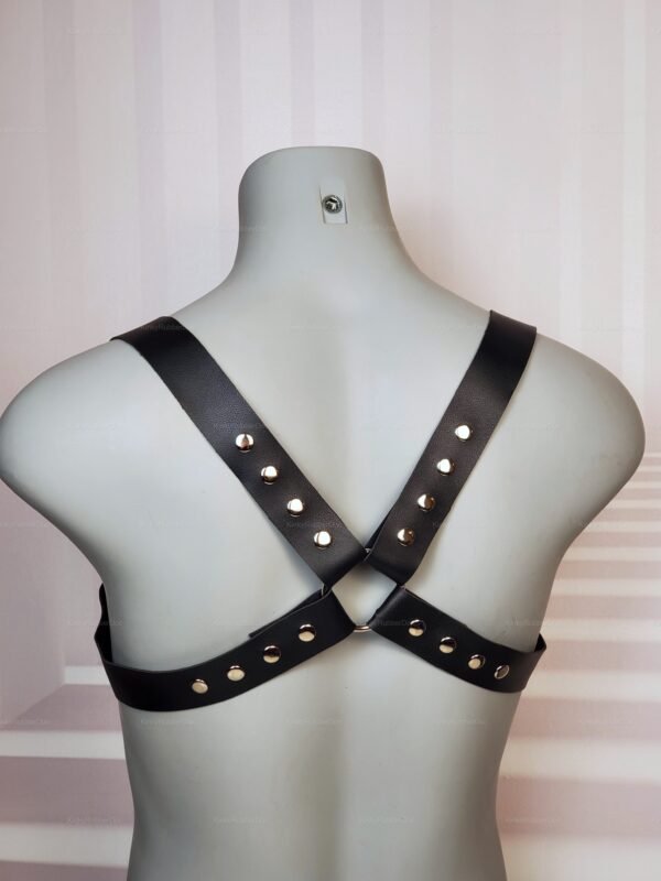 Black harness with D-rings and studded details