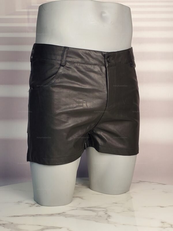 High-durability black leather shorts with a sleek, glossy finish.