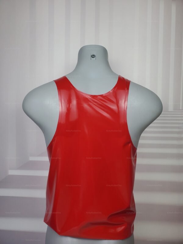 High-shine red latex tank top for fetish fashion enthusiasts.