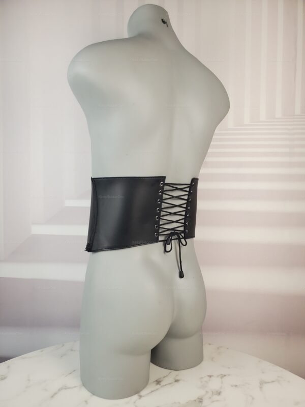 Sleek black leather-look corset with side zip and lace-up back.