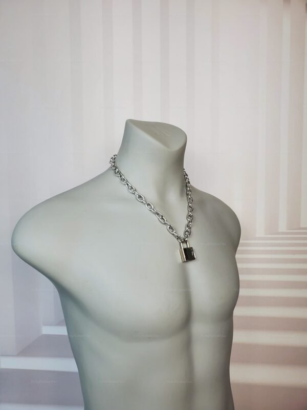 Silver chain necklace with a sleek padlock centerpiece.