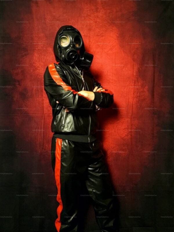 Black and red faux leather fetish outfit with gas mask, featuring sporty stripes.