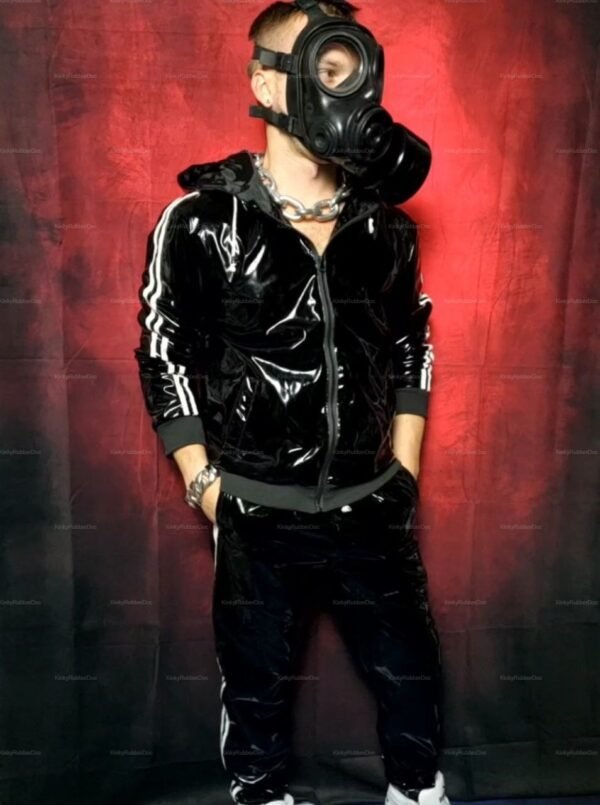 PVC fetish tracksuit with white stripes and gas mask for a bold, edgy look.