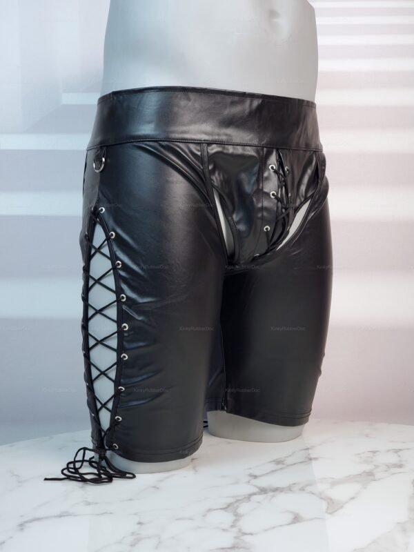 Black faux leather chaps shorts with lace-up front, open back, and adjustable waist – sexy fetish clubwear by KinkyRubberDoc