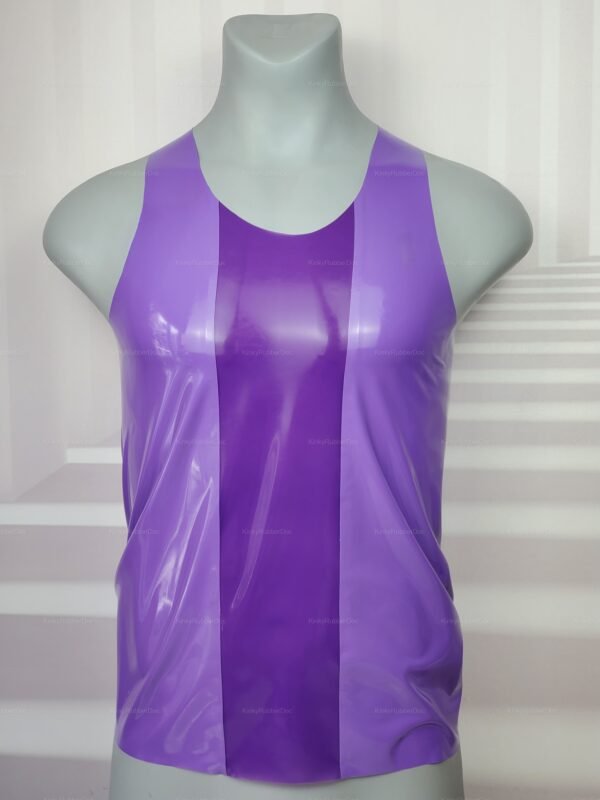 Purple latex tank top with glossy finish, featuring gymwear-inspired design.