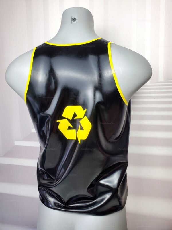 Black latex tank top with yellow trim and a bold yellow symbol on the back.