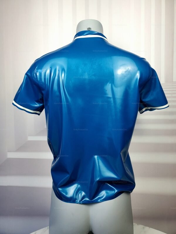 Shiny blue latex shirt with white trim and stripe details, showcasing a sleek and bold design.