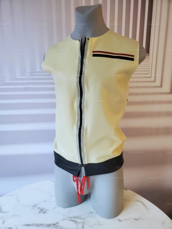 Sleeveless latex jacket with front zipper and contrasting color details.