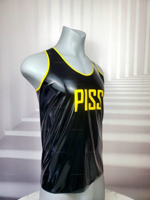 Black latex tank top with bold yellow lettering and trim.