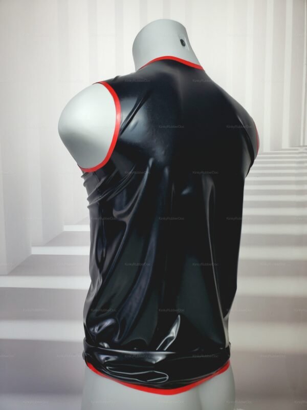 Sleek black latex sleeveless shirt with red trim, offering a bold and edgy look.