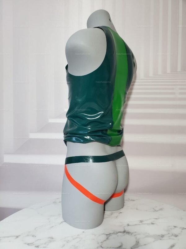 Latex tank top with a two-tone green design and matching latex briefs featuring orange accents.