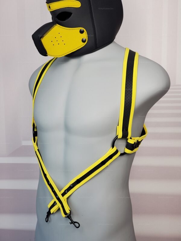 Vibrant yellow and black neoprene harness paired with a matching hood, designed for pup play enthusiasts.