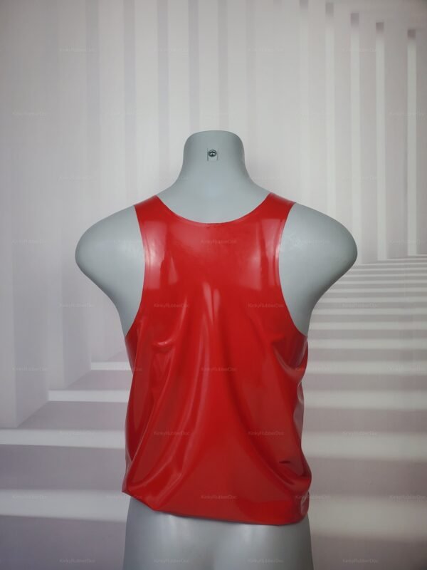 Vibrant red latex sporty shirt with a sleek, glossy finish.