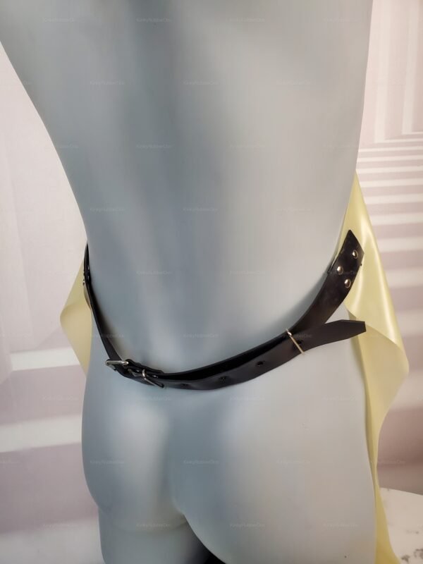 Semi-transparent latex apron with an open front and adjustable black leather belt.
