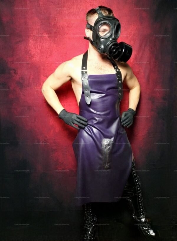 Purple latex apron with front zipper and black straps, set against a dark background.