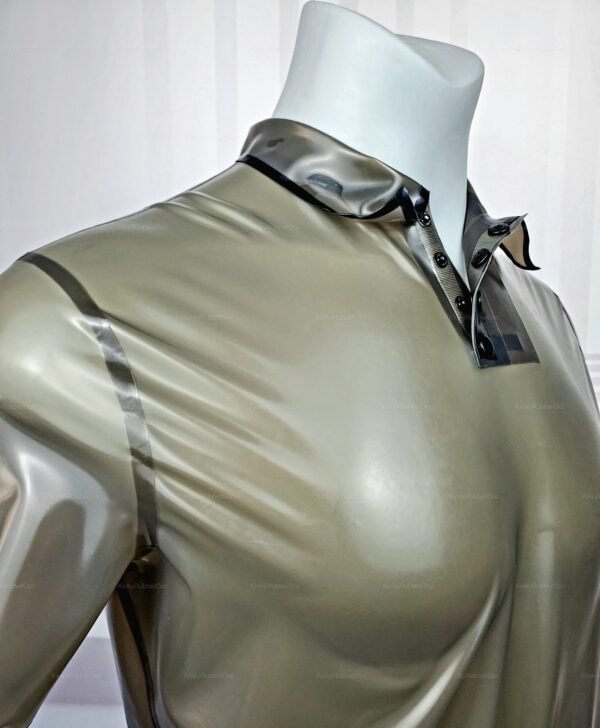 Smoky latex men's sheer polo shirt with a glossy finish.