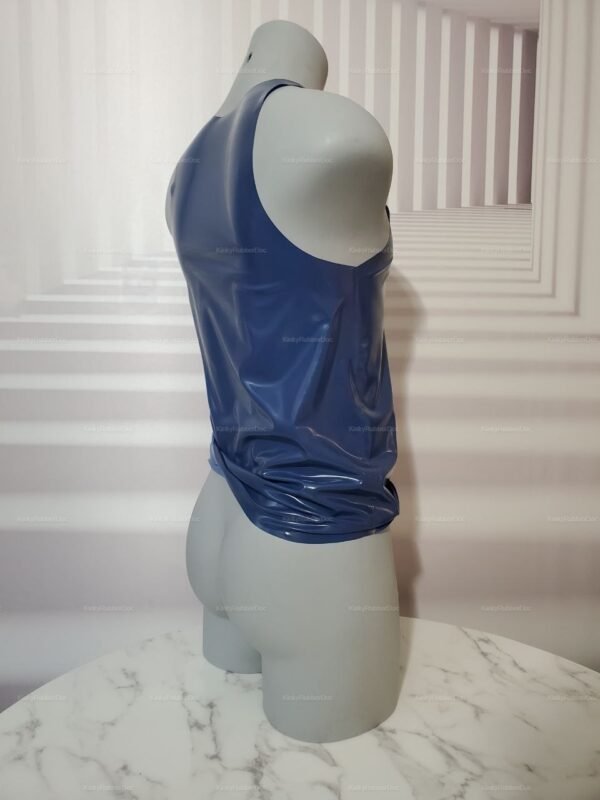 Sleek navy blue latex tank top with a glossy finish, designed for fetish fashion enthusiasts.