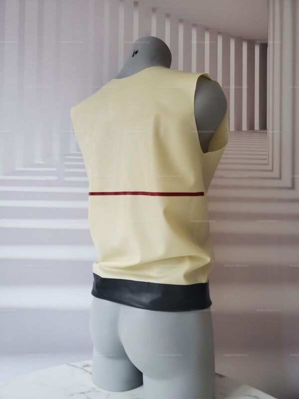 Latex fetish wear with a sleek, sleeveless vest design in cream and black, featuring a bold red stripe.