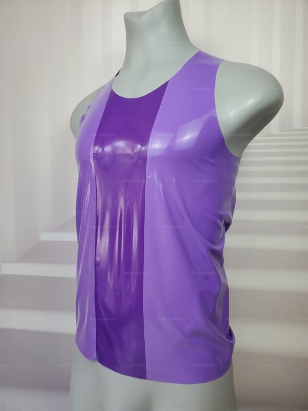 Purple latex fitted tank top with glossy finish for fetish fashion.