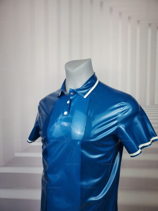 Blue latex polo shirt with custom design and white trim.