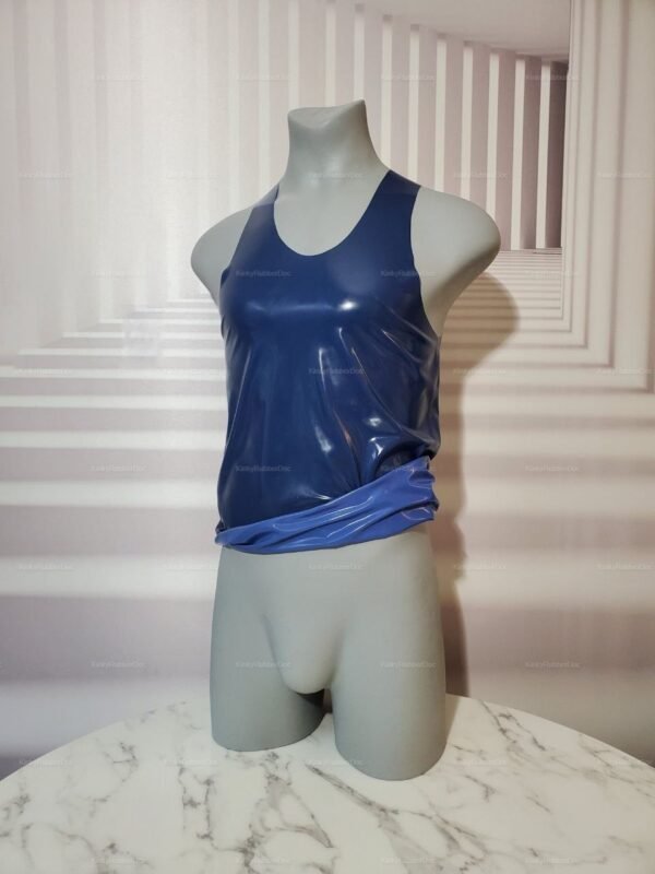 Sleek double-color latex gym-style shirt displayed in a minimalist setting.