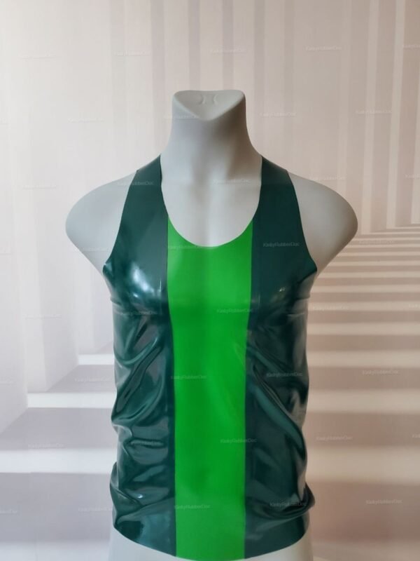 Shiny black latex tank top with a bold green stripe down the center.