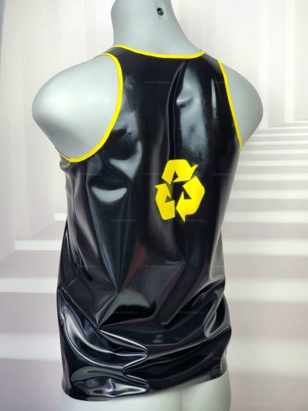 Sleek black latex tank top with yellow trim and eco-themed symbol on the back.